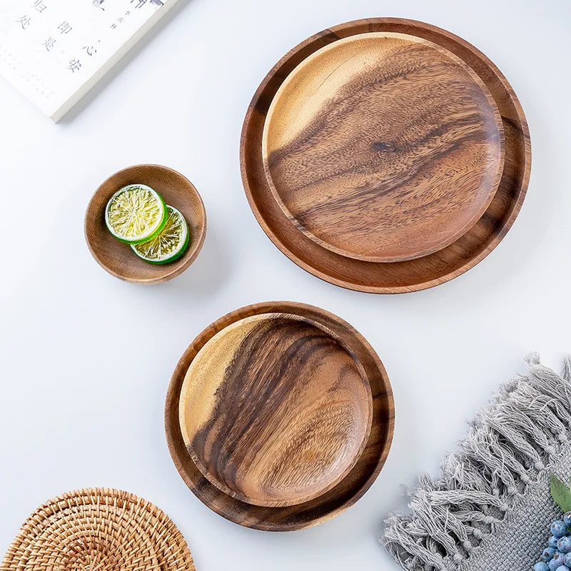 Round Wooden Dinner Plates – Natural Serving Set