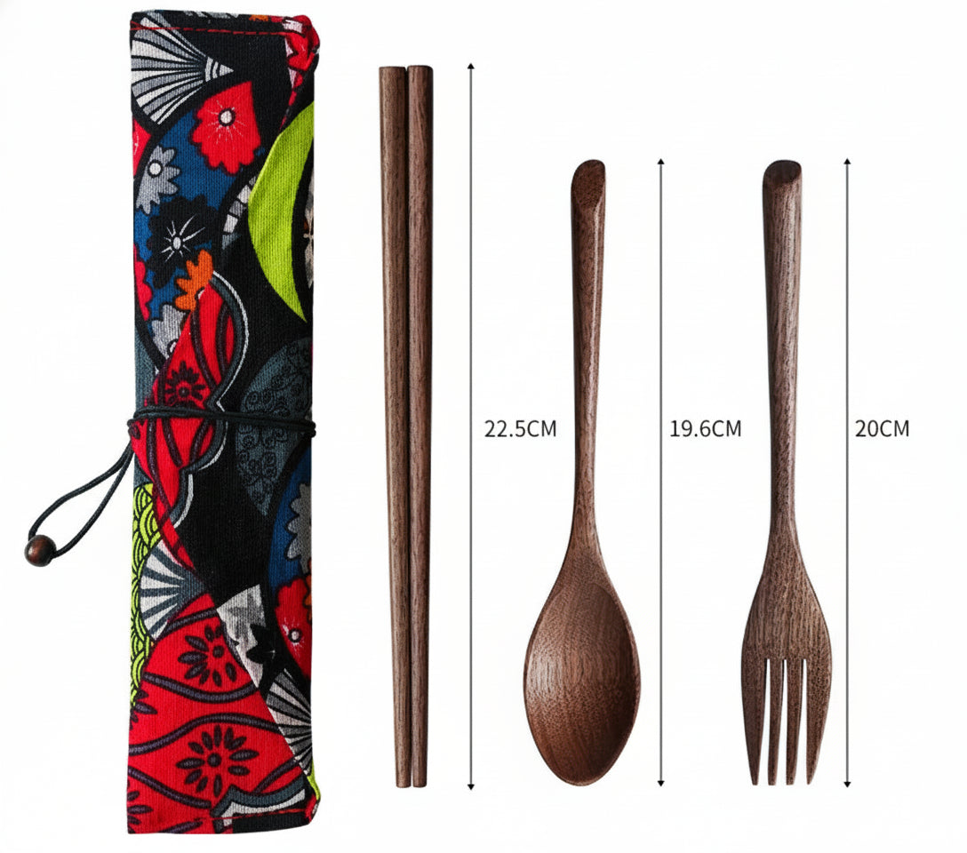 Wooden Cutlery Travel Set – Spoon, Fork & Chopsticks with Box