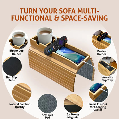 Bamboo Sofa Arm Tray Table – No-Slip Couch Organizer